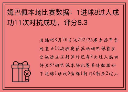 姆巴佩本场比赛数据:1进球8过人成功11次对抗成功,评分8.3 姆巴佩本场比赛数据:1进球8过人成功11次对抗成功,评分8.3