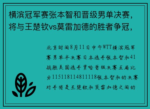横滨冠军赛张本智和晋级男单决赛,将与王楚钦vs莫雷加德的胜者争冠,赛后回应 横滨冠军赛张本智和晋级男单决赛,将与王楚钦vs莫雷加德的胜者争冠,赛后回应